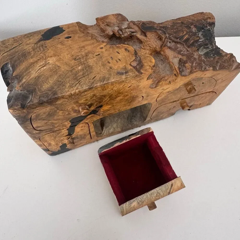VTG Handcrafted Natural Burl Wood Jewelry Box Multi-Drawer Rustic Artisan Box